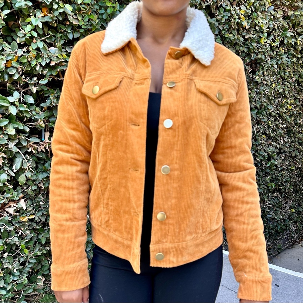 Forever 21 Orange Corduroy Jacket with White Sherpa Collar